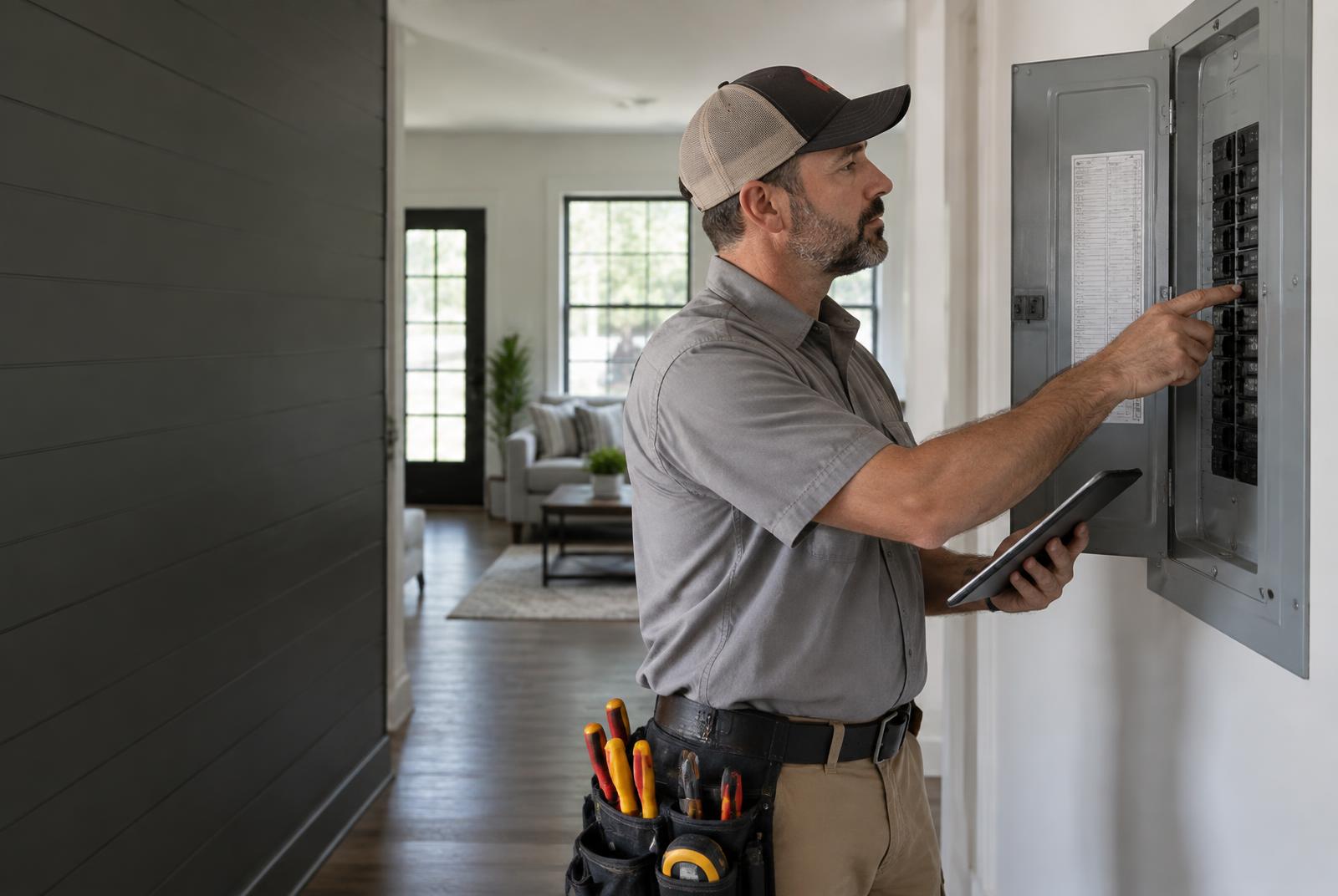 Electrician inspecting a residential breaker panel